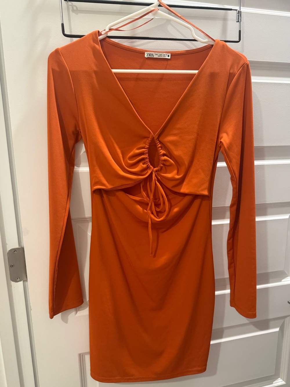 Zara Orange Long-Sleeve Ruched Front Bodycon Dress NWOT size Small
